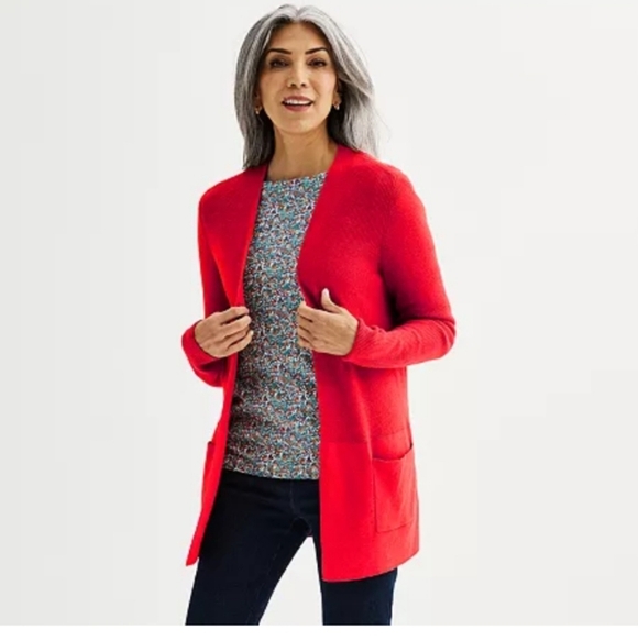 Croft & Barrow Classic Ribbed Open-Front CardiganColor: Red, Size: LARGE (EUC) - Picture 1 of 8